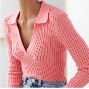 & Other Stories Pink Ribbed V Neck sweater
